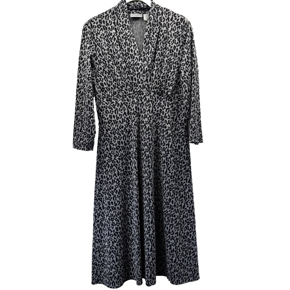Chicos Women's Dress Size Small Babydoll Fit Flare Black Gray Leopard 3/4 Sleeve